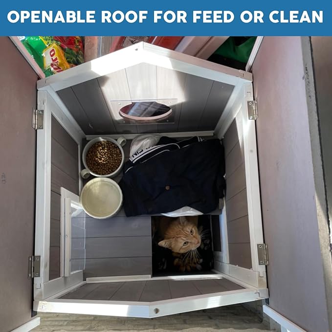 Cat House for Outdoor Cats Outdoor Cat House Weatherproof, 2 Story Feral Cat Shelter for Winter, Wooden Kitty House Home Enclosure Outside with Waterproof Roof