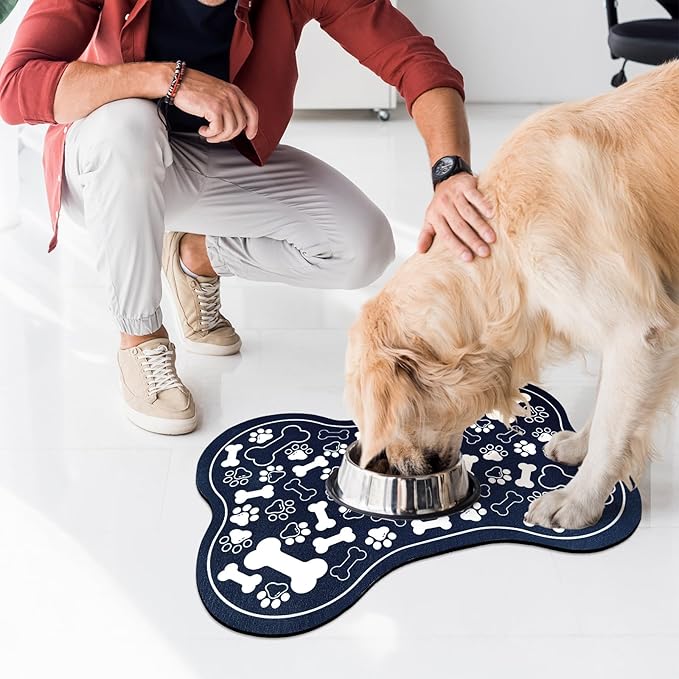 Dog & Cat Food Mat Bone Shaped Pet Feeding Mat Quick Absorb Water Bowl Placemat with Rubber Backing Indoor Floor Stain Resistant Pet Accessory Supplies (Blue, 12x18 Inches)