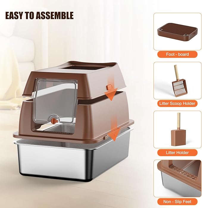 Stainless Steel Cat Litter Box with Lid Extra Large Open-Top Dual Entry Enclosed Metal Pan Tray with High Sides Pedal Scoop Non-Stick Anti-Leakage Easy Cleaning for Big Multi-Cat (Brown)