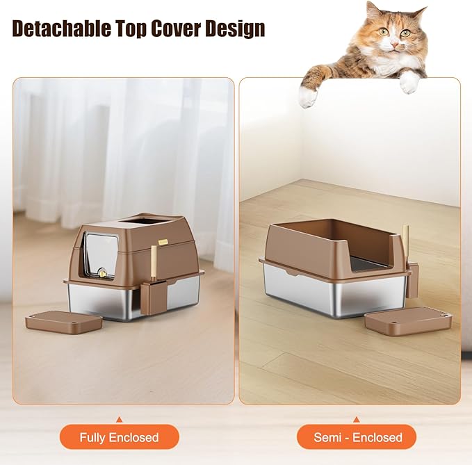 Stainless Steel Cat Litter Box with Lid Extra Large Open-Top Dual Entry Enclosed Metal Pan Tray with High Sides Pedal Scoop Non-Stick Anti-Leakage Easy Cleaning for Big Multi-Cat (Brown)