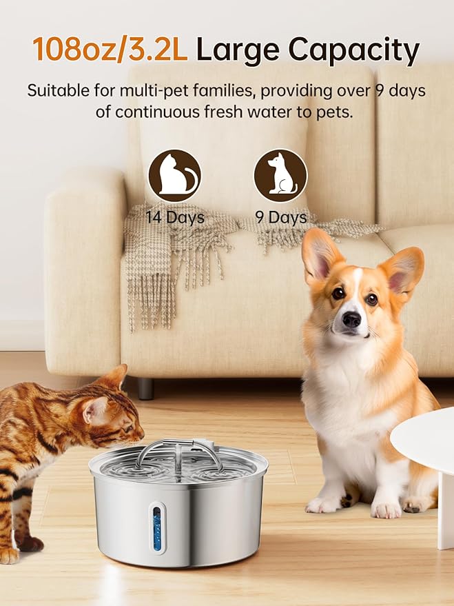 Cat Water Fountain Stainless Steel, 3.2L/108OZ Pet Water Fountain for Drinking,Automatic Metal Dog Water Fountain with 8 Filters & 8 Sponges,Quiet Pump,Dual-Stream for Cats, Dogs,Multiple Pets Indoor