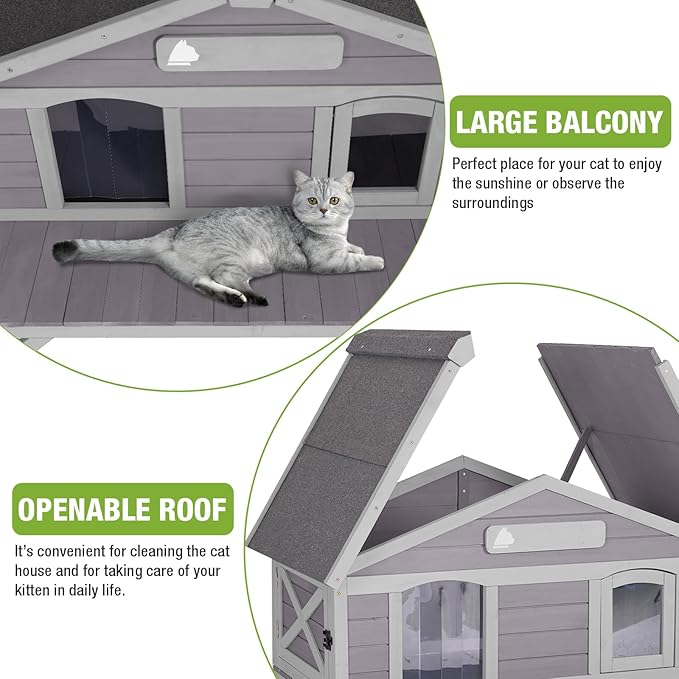 GUTINNEEN Outdoor Cat House, Wooden Feral Cat Shelter with Large Balcony. Weatherproof Cat House for Stray Cats Outside with Escape Doors, Indoor Kitten Condo