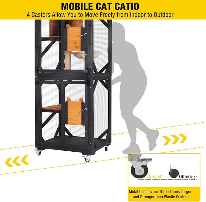 Aivituvin Cat House Window Catio Outdoor Cat Enclosure Mobile Kitty Shelter on Wheels Pet Cage with Resting Box,Hammocks,Waterproof Cover