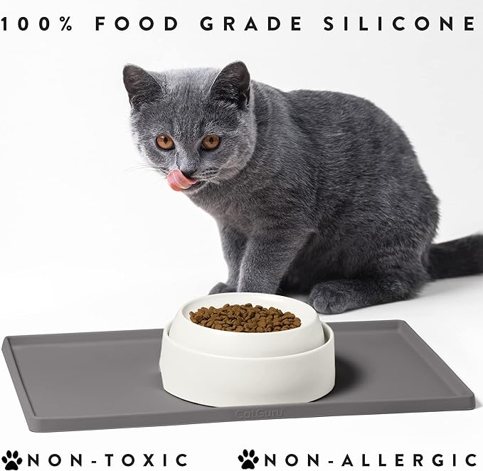 CatGuru Cat Food Mat, Small & Large Feeding Mats, 100% Waterproof Silicone Pet Placemat, Non-Slip Cat Food and Water Bowl or Water Fountain (Small, Carbon)