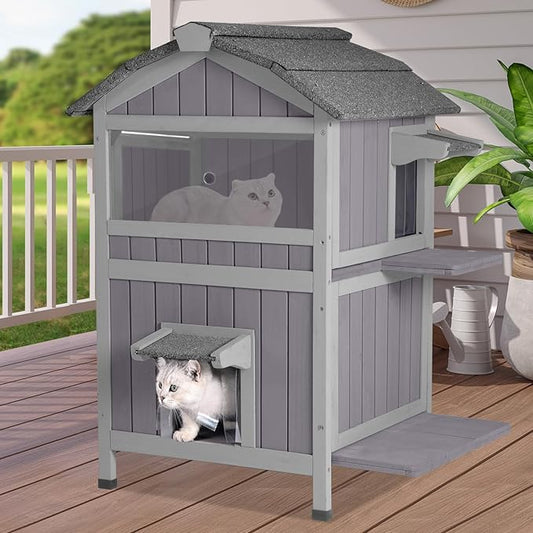 GUTINNEEN Cat House Outdoor Weatherproof Feral Cat Shelter with Removable Floor, 2-Story Wooden Kitty House with Escape Doors and Window