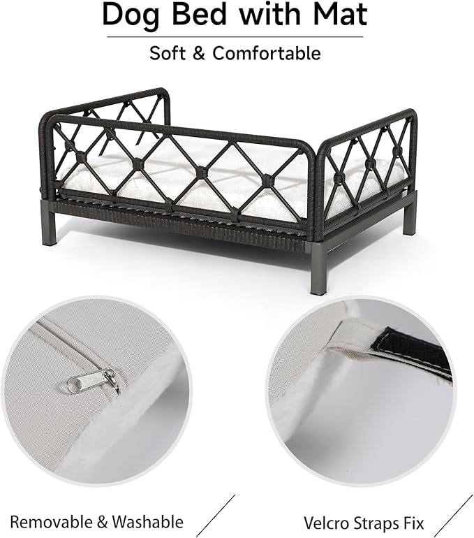 Dog Bed with Cushion, Cooling Elevated Raised Beds with Rattan Breathable Mesh and Universal Mat, Indoor & Outdoor Pet Cots for Small Dog, Black