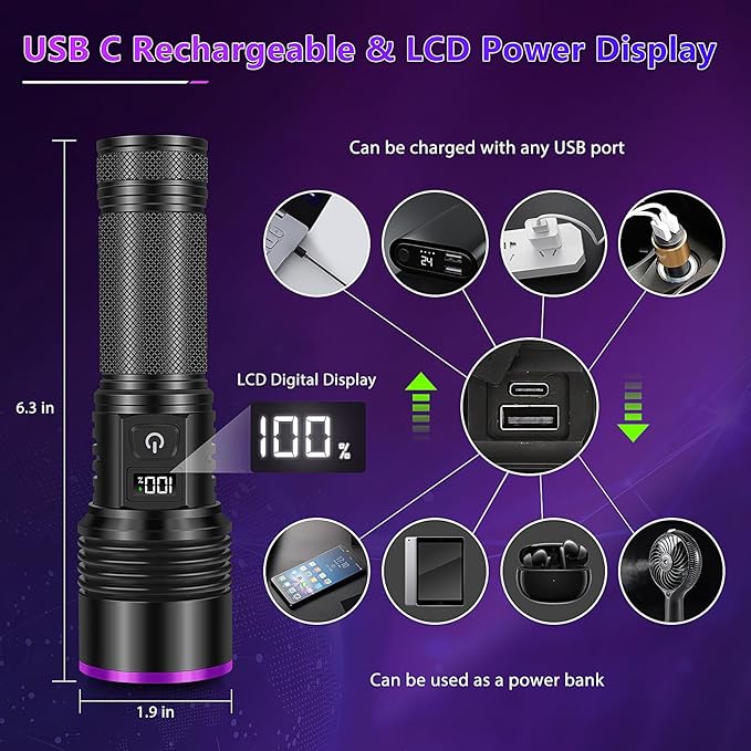 WINDFIRE UV Flashlight 365nm Black Light, Rechargeable Blacklight Flashlights with LCD Display, Powerful Ultraviolet Lights for Pet Urine Detection, Scorpions, Resin Curing, Uranium Glass, AC Leak
