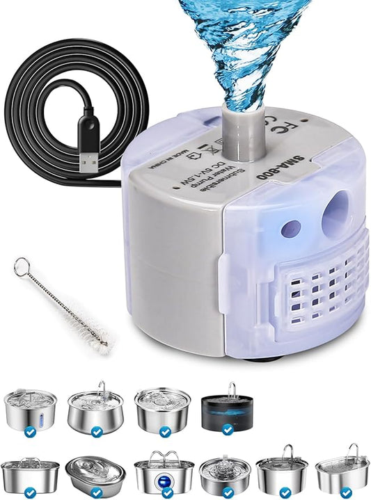Cat Water Fountain Pump, Replacement Pump for 2L/ 3.2L / 4L Stainless Steel Cat Water Fountain, Ultra Quiet Fountain Pump SMA-800 Submersible Motor with IP68, Low Power Consumption 1.5W and USB Cable