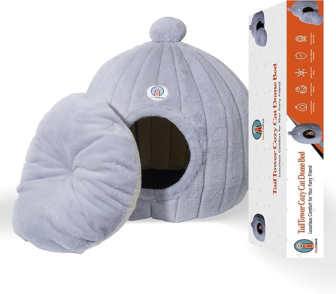Extra Large Cat Cave Bed for Large Cats & Small Dogs – Plush Dome Hideaway with Removable Cushion – Spacious, Enclosed Cat House (24x23”, Light Gray)