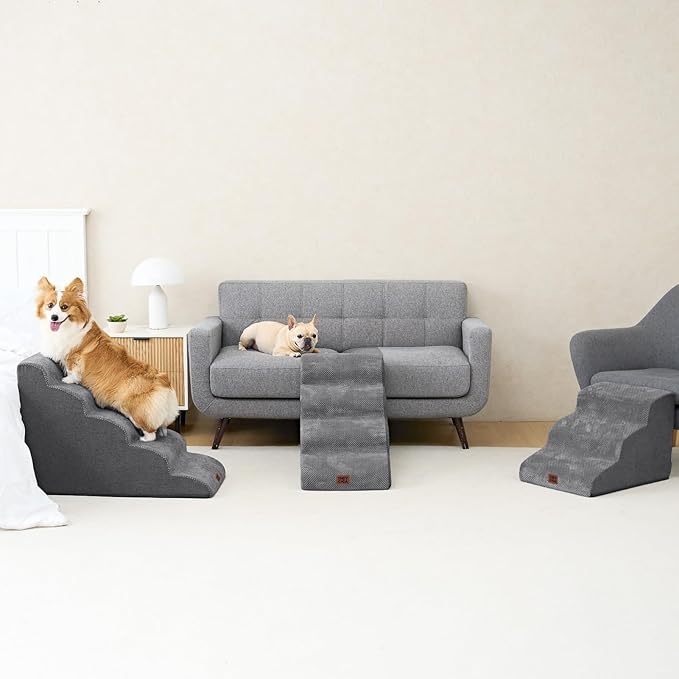 EHEYCIGA Curved Dog Stairs Ramp for High Beds 19.7" H, 4-Step Dog Steps for Small Dogs and Cats, Pet Stairs for High Bed Climbing, Non-Slip Balanced Pet Step Indoor, Grey