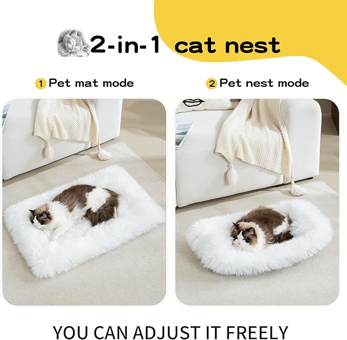Fluffy Dog Cat Bed Mat 19.6x31.4 inch, Washable Soft Plush Faux Fur Warm Area Puppy Pads Blanket for Indoor Pet Sleep Cushion White
