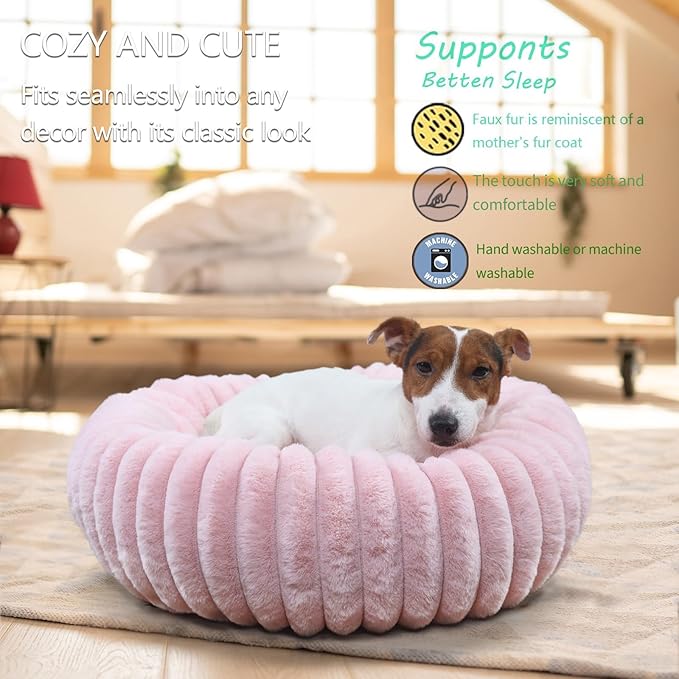 Donut Small Dog Bed Washable Cute Puppy Beds with Corduroy Fleece & Anti Slip Bottom, Round Faux Fur Pet Snuggle Beds for Large Cat, Pink, Small Breed 23x23x6 inches