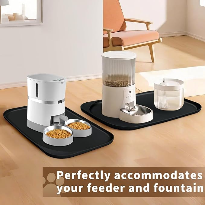 Silicone Pet Feeding Mat with Raised Edge & Residue Collection Pocket for Food and Water, Dog Bowl Mats, Cat Bowls Placemat with High Lip for Floor Waterproof, 19 x 12 x 0.7 Black