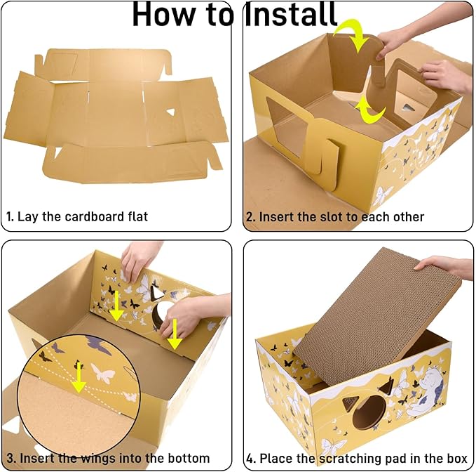 2 Pack Cardboard Cat Scratcher Boxes, 16.5 Inch Heavy Duty Cat Scratching Bed, Large Kitten Lounger with Double-Sided Scratch Pad, Hideaway House with Interactive Hole for Indoor Cats