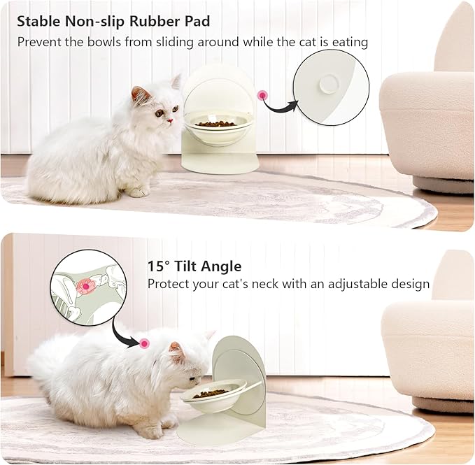 Adjustable Elevated Cat Bowl, Tilted Ceramic Cat Food Bowl with Metal Stand for Indoor Cats, Non-Spill & Non-Slip Raised Pet Feeder
