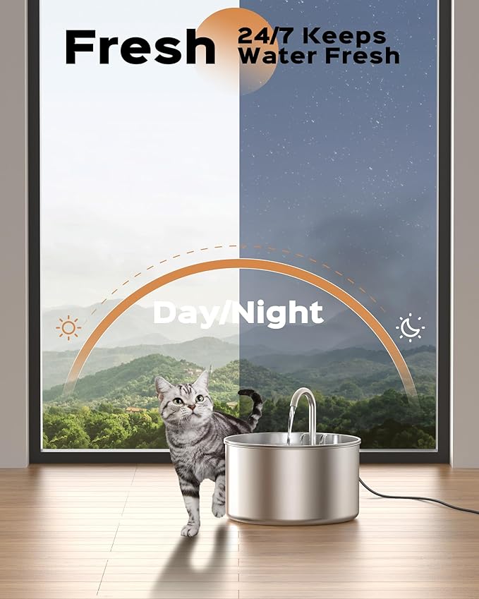 AOOGITF Cat Water Fountain + 6 Filters + 3 Sponges, 304 Stainless Steel Pet Water Fountain, 24 Hours Keep The Water Clean, 74oz Capacity, Ultra-Quiet, No Sputter, Compact, Easy Cleaning