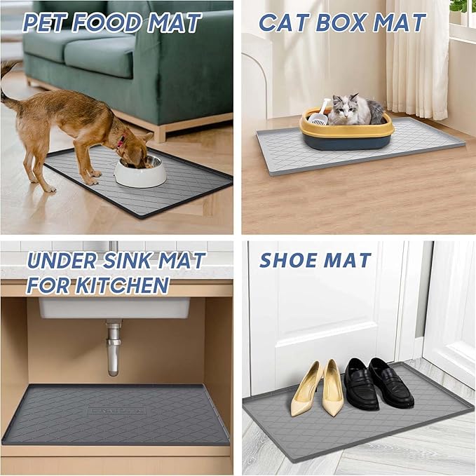 URMONA Large Dog Food Mat, 40" x 22" Pet Food Mat, Waterproof Dog Cat Food Mat with Raised Edges, Silicone Pet Food Mat, Dog Accessories, Prevents Food Spills, Protects Floors, Easy to Clean Fast