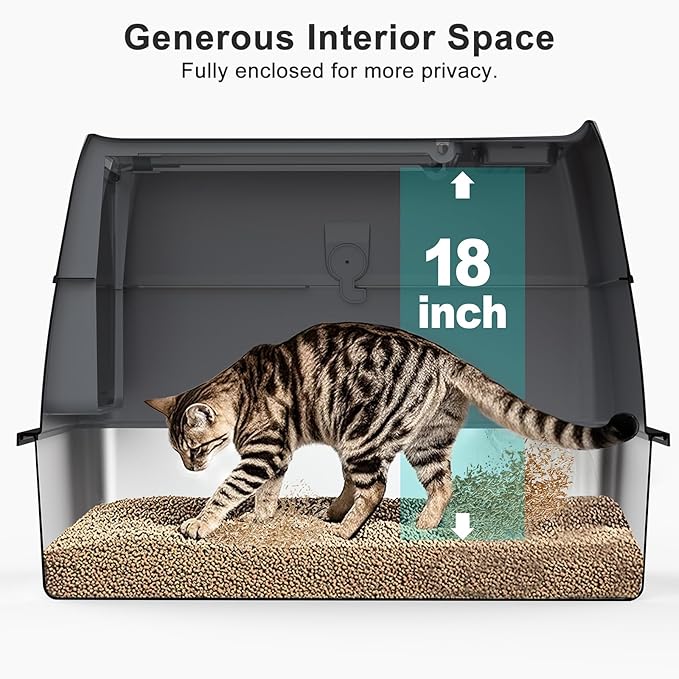 Enclosed Stainless Steel Cat Litter Box with Lid, FILP-Top High Sided Enclosure Metal Litter Boxes with Scoop Set for Big Cats, Non-Sticky, Anti-Leakage, Easy Cleaning,Transparent Grey