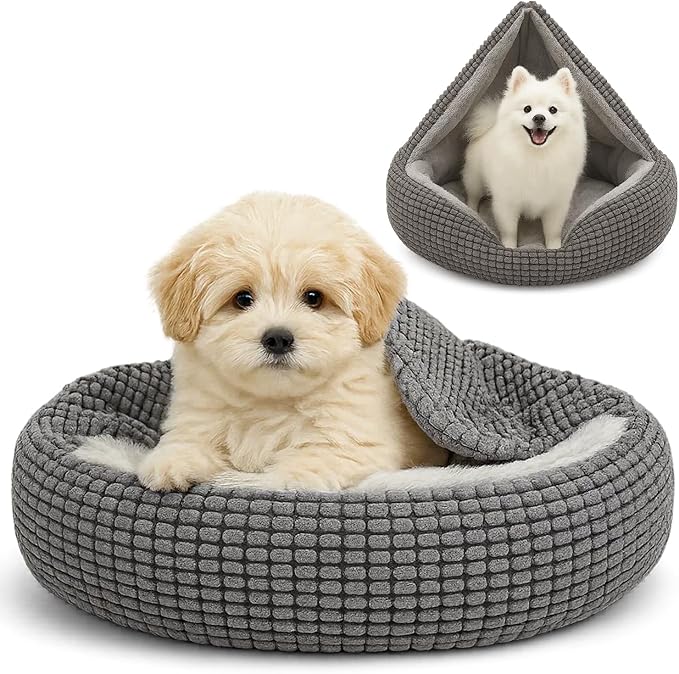 Soft Pet Bed for Small Dogs with Attached Blanket Cozy Donut Cuddler Anti-Anxiety Hooded Calming Orthopedic Round Puppy Washable Beds for Dogs and Cats (23" L x 23" W x 6" H)
