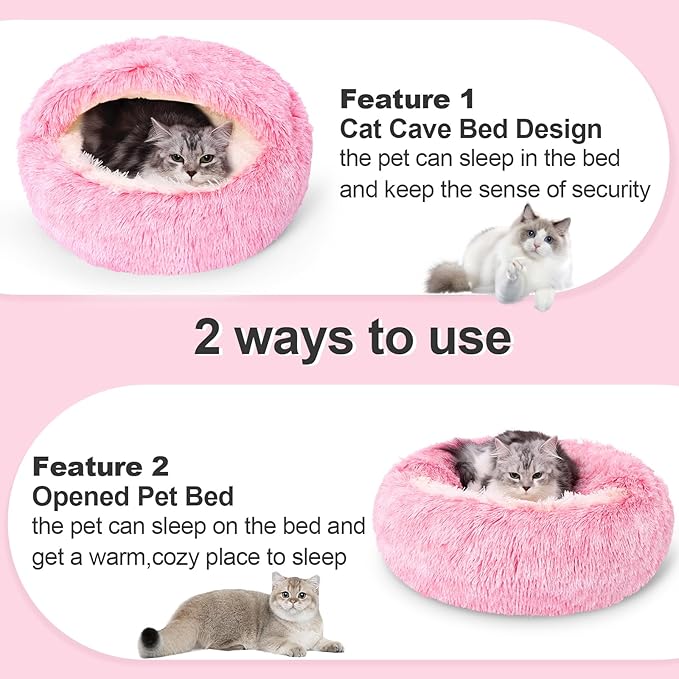 Calming Dog Beds & Cat Cave Bed with Hooded Cover,Removable Washable Round Beds for Small Medium Pets,Anti-Slip Faux Fur Fluffy Coved Bed for Improved Sleep,Fits up to 15/25 lbs(Pink,S)