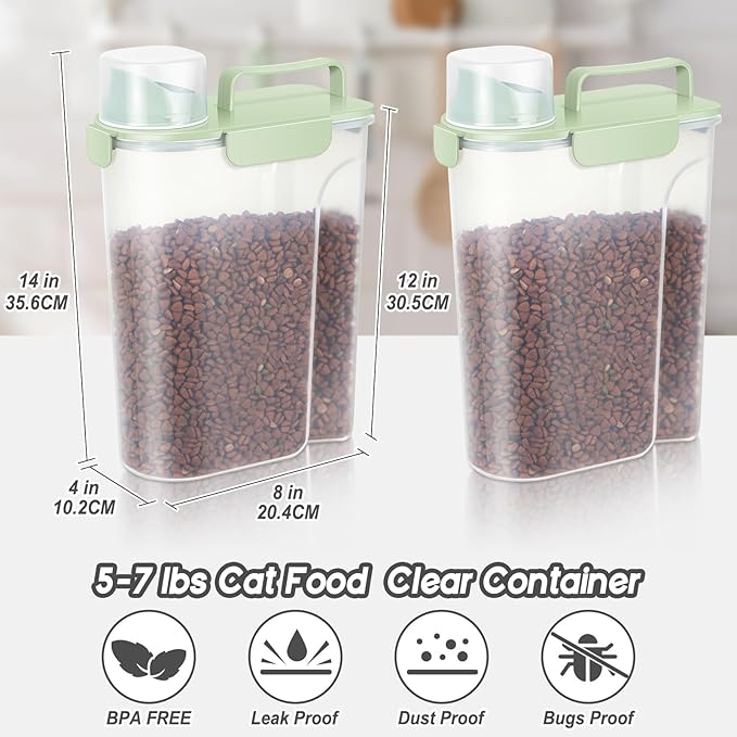 5-7Lbs Dog Cat Food Storage Container with Upgraded Large Nozzle BPA-free, 4 Snap Seals Plastic Pet Food Storage Containers with Handles (2, Light Green, 5L)