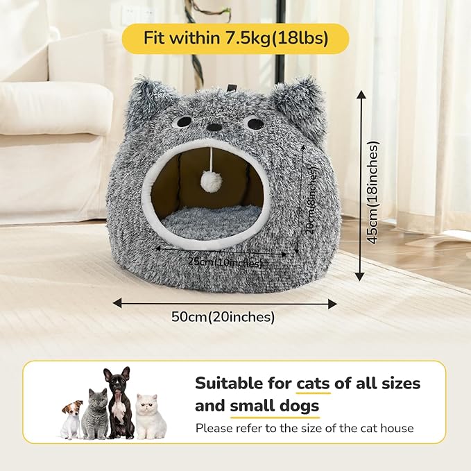 CATISM Cat Bed for Indoor Cats - Cat Bed Cave Washable, Soft Plush, Removable Pillow, Non-Slip Base, Large Cave with Toy Balls for Kitty and Small Animals