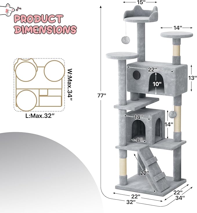 MoNiBloom Cat Tree, 77 Inch Cat Tree Tower with 2 Condo, Tall Cat Tower with Scratching Post, Cat Climbing Tower, Cat Tree for Indoor Cats, Light Grey