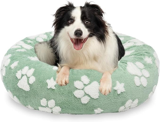 Donut Dog Beds for Medium Dogs, Calming Round Cat Beds for Indoor Cats, Cute 3D Textured Paw Pet Bed with Removable Washable Cover and Anti-Slip Bottom（Green，30"）