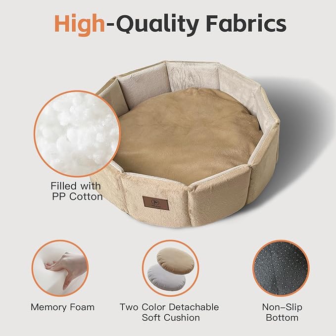 Cat Bed Kitten Bed, Washable Round Cat Beds for Indoor Cats, Super Soft Faux Rabbit Fur Small Kitten Bed for Puppy and kitten, Fluffy Inner Mat Filling Memory Foam with Anti-Slip Bottom (khaki)
