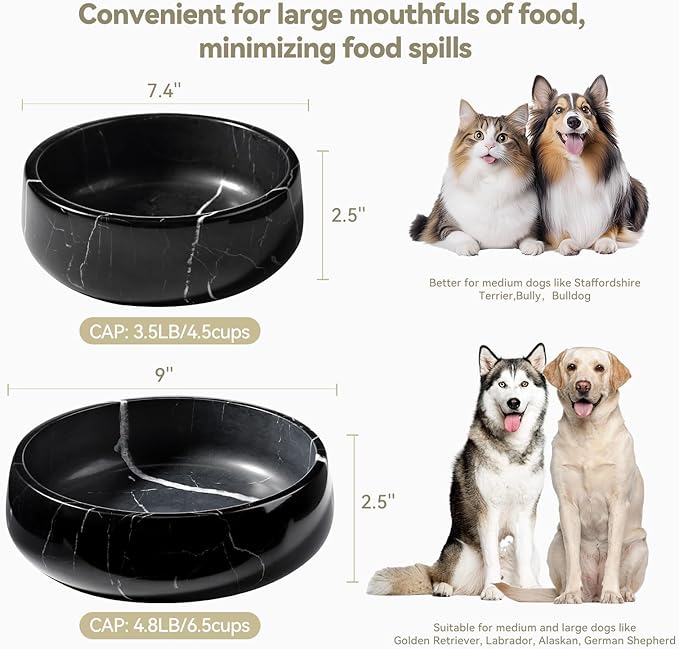 Natural Marble Dog Bowl, 5lbs Non Slip Dog Food Bowl, Non Spill Weighted Water Bowls for Large Dogs, Durable Big Dogs Dish, Puppy Pet Bowls, Easy to Clean, Holds 6.5 Cups(Spain Black)