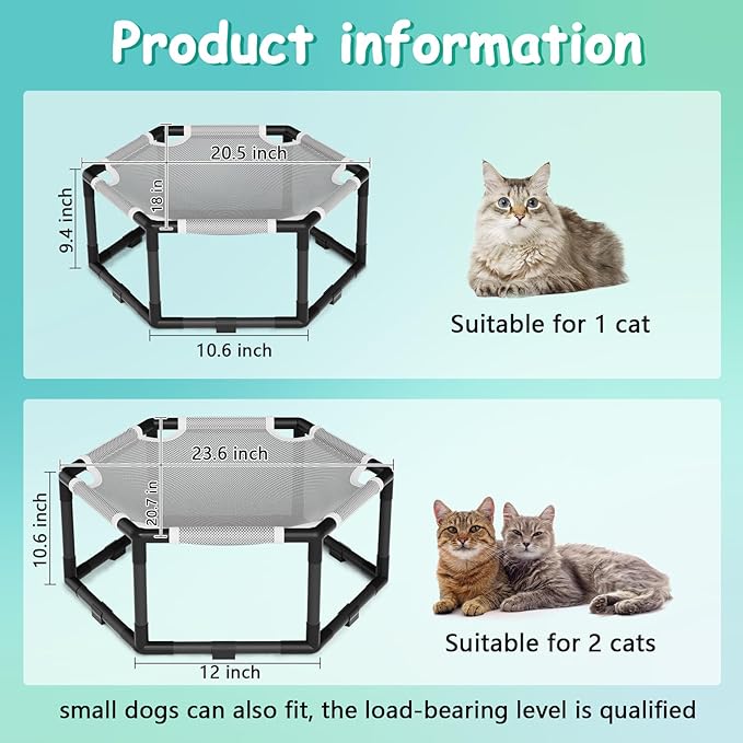 Tresbro Elevated Cat Hammock Bed, Hexagon Raised Cat Swing Bed for Indoor and Outdoor Use with Breathable Fabric & Anti-Slip Block, 20.5'' x 18'' x 9.4'' Pet Chair for Large to Small Kitty Cot