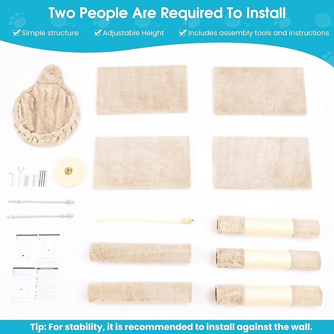 Cat Tree 5-Tier Floor to Ceiling, 89-109 Inch Adjustable Height Cat Tower with Cozy Hammock, Cat Climbing Tree for Indoor Cats, Beige