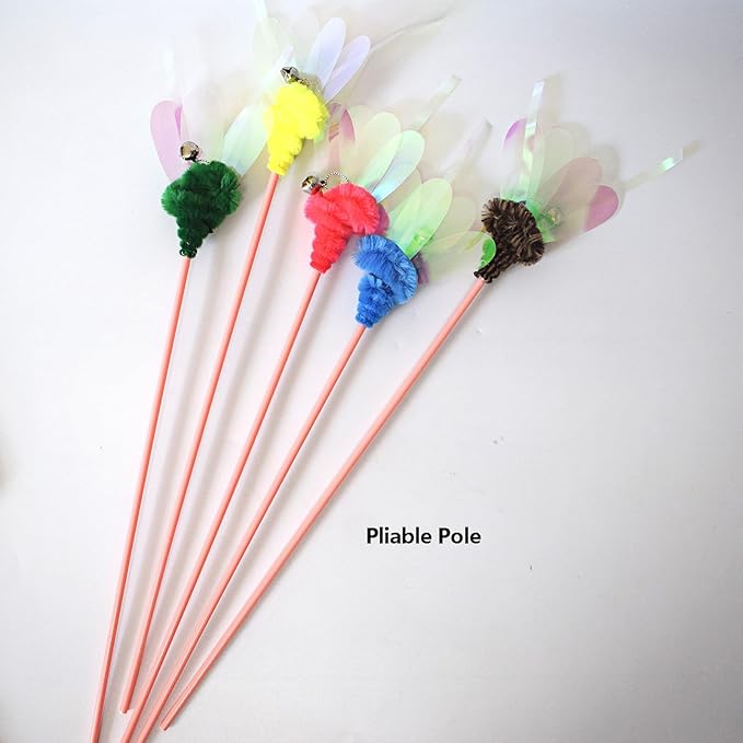Cat Wand Toy, 4 PCS Insect Kitty Wands Colorful Cat Teaser Wands Interactive Kitten Toys with Bell
