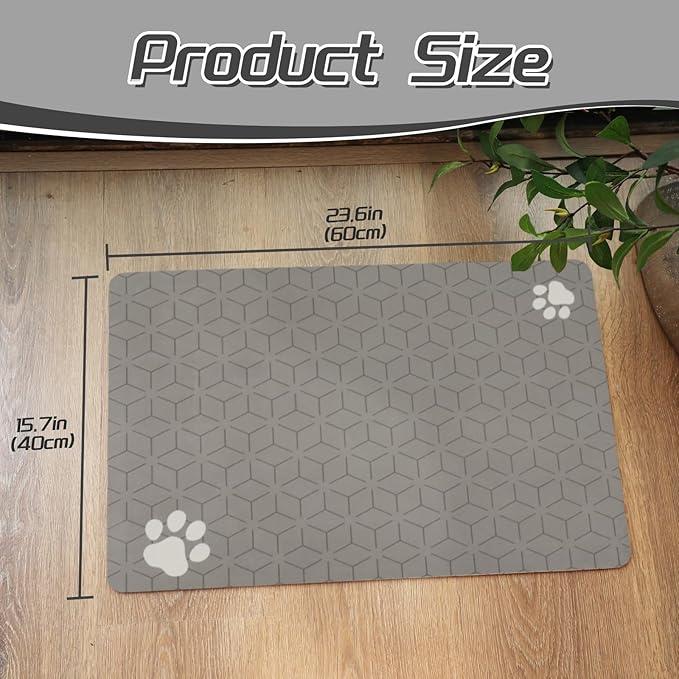 Le courant Cat & Dog Feeding Mat for Bowl,Pet Eating mat,Absorbent-Non-Slip.Quick Dry Dog Water Bowl Dispenser Mat,Backing Pet Placemat for Messy Drinkers,Grey.Dog Paw-15.7x23.6 in