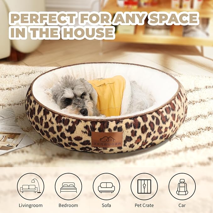Cat Bed, 20In Dog Beds for Small Dogs, Calming Cat & Dog Beds for Indoor Pets, Pet Beds Comfortable Donut Round Ultra Soft (Leopard, Medium 23in)