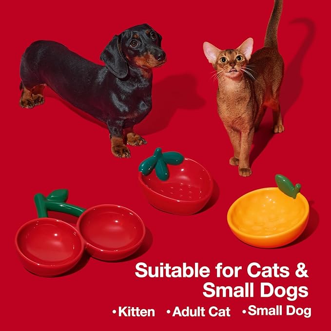 VETRESKA Ceramic Pet Bowl Tilted Design Pet Feeder for Food and Water Anti Vomit Cat Bowls for Indoor Cats Cute Cherry Cat Bowl Dishwasher Safe