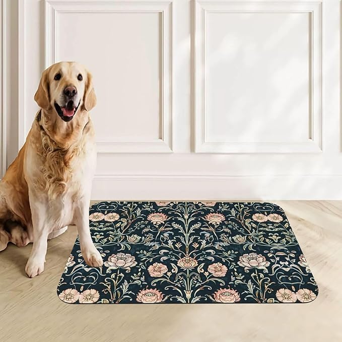 Pink Vintage Flower Dog Food Mat Absorbent Bowl Mats No Stains Quick Dry Waterproof Pet Cat Placemats for Food and Water, 30x45cm