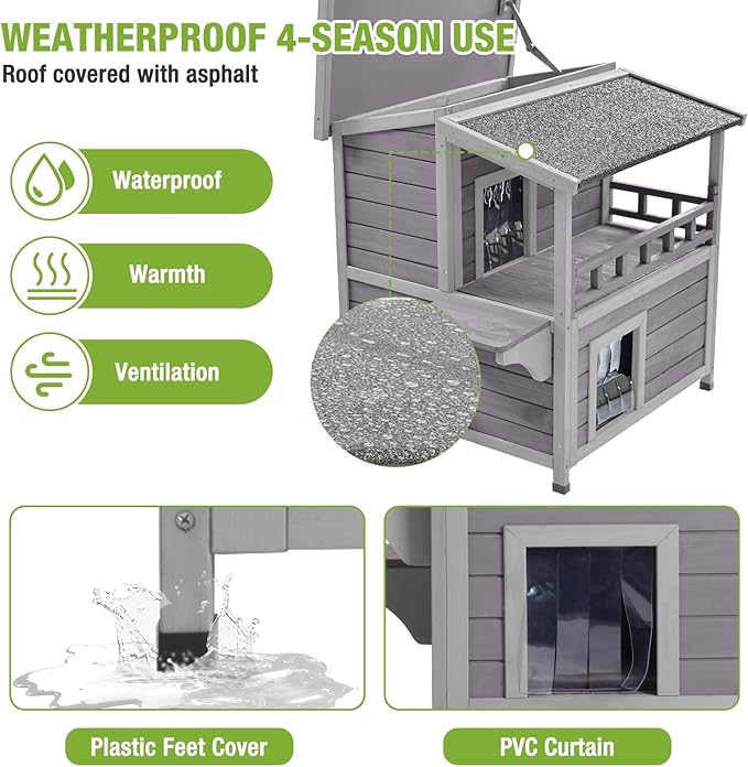 GUTINNEEN Outdoor Cat House Insulated Liner for Winter, Weatherproof Heated Outside Feral Cat Shelter, 2-Story Kitten House with Large Balcony