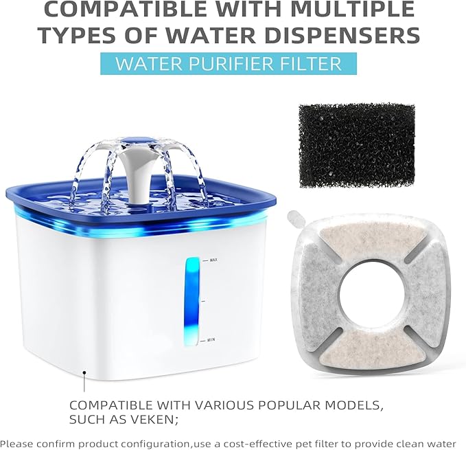 8 Pack Cat Water Fountain Filter Compatible with 67/95/135/85oz Automatic Pet Dispenser, Triple Filtration Dog Fountain Filter (8 Carbon Filters+8 Sponge Filters)