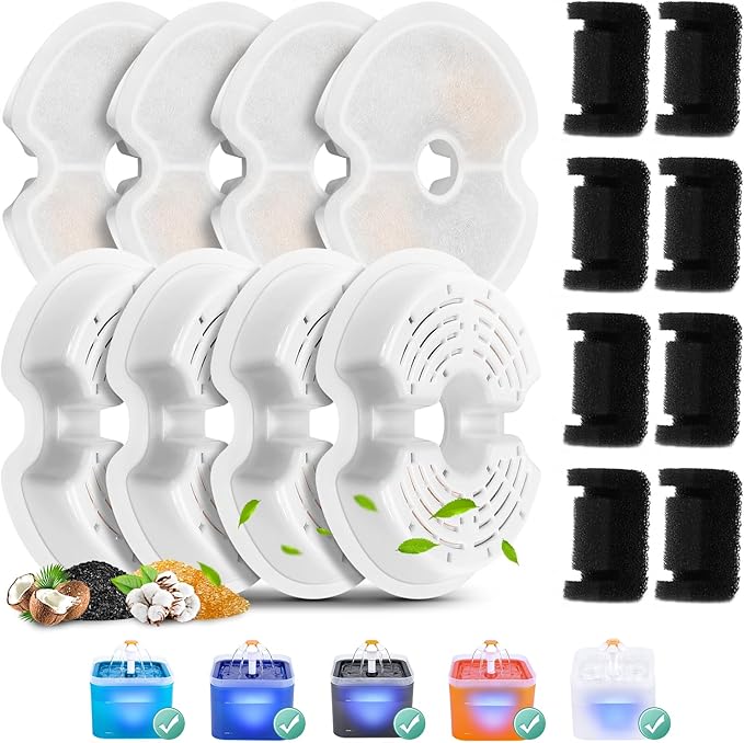 8 Pack Replacement Filters & Pump Sponges for 67oz/2L Colorful Cat Fountain with LED Light, BFLICROY Cat Water Fountain Filter, Quadruple Filtration Pet Fountain Filters Replacement