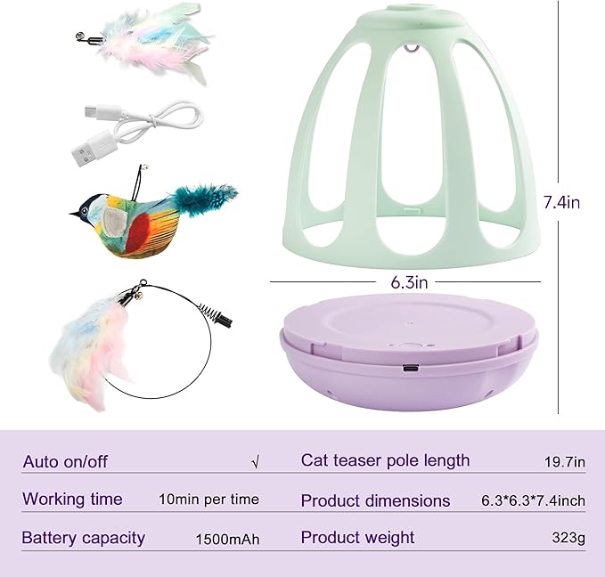 Interactive Cat Toy for Indoor Cats,Automatic Cat Feather Toy,Chirping Toys for Cats Self Play,Kitten Toys with Flapping Bird,Teaser for Kittens Exercise,USB Rechargeable Kitty
