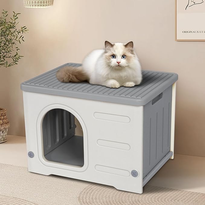 Deblue Plastic Cat House for Indoor Outdoor, Weatherproof Outside Cat House for Feral Cats, Unique Cat Shelter for Small Pet, Spacious, Easy to Assemble - Grey