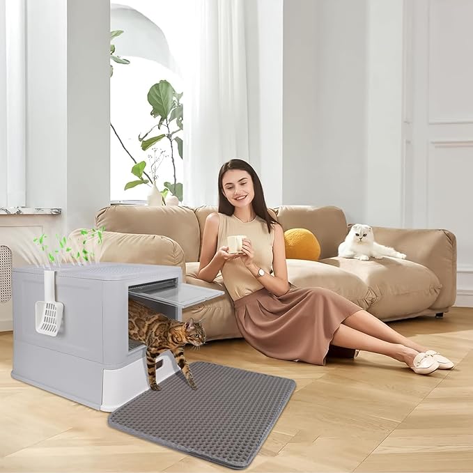 ELEGX Odor-Control Drawer Design Stainless Steel Cat Litter Box,XL Large 4-in-1 Cat Metal Litter Box Set,Extremely Easy to Clean,Enclosed Removable Metal Litter Box with High Sided Enclosure