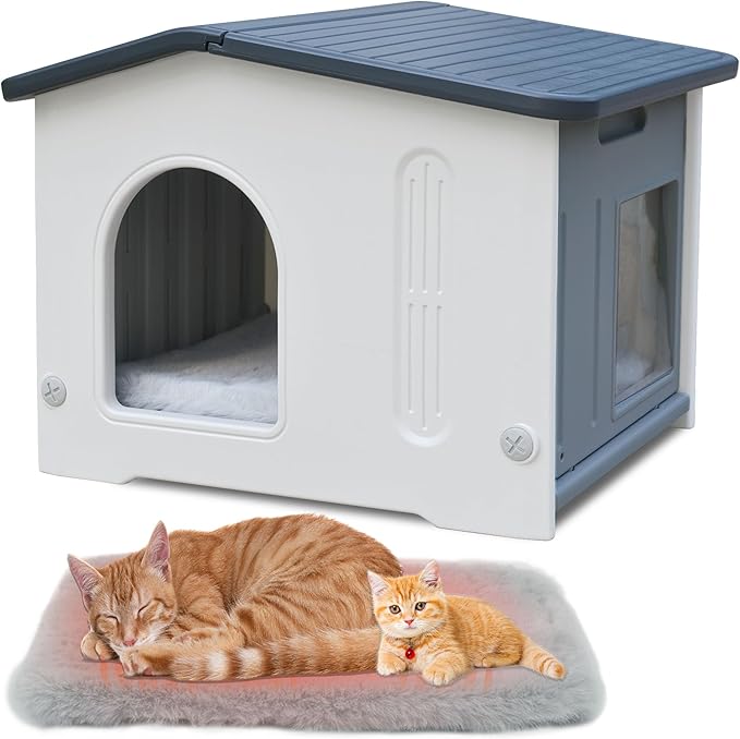 Plastic Cat House Weatherproof for Outdoor Indoor Use, Feral Cat House with Escape Door and Soft Mat, Outside Cat Shelter for Small Pet, Spacious, Assemble Easily - Grey