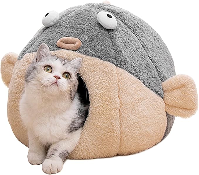 Cat Beds for Indoor Cats - Cat Bed Cave with Removable Washable Cushioned Pillow,2 in 1 Super Soft Animal-Shape Cat Tent for Kitten and Small cat, Lively Pufferfish cat beds & Furniture, Grey(M)
