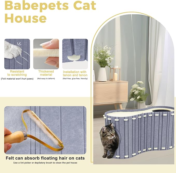 Babepets Cat House for Indoor Cats, Large Felt Bed Cave with Ball Hanging, Foldable Cat Condo, Scratch Resistant Peekaboo Hideaway for Multiple Pets up to 20Lbs, Cat Tunnel Enclosed Bed, Grey