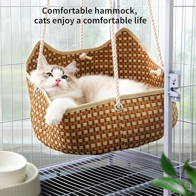 Breathable Pet Cage Hammock with Metal Hooks, Rattan and Bamboo Woven Cat Hammock for Kittens, Rabbits, Small Dogs, Cat Hanging Bed for Cage (Green)