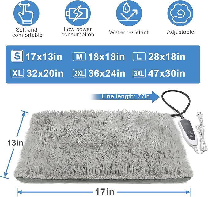 Cat Heating Pad, 17 x 13 in Cat Beds for Indoor Cats,Smart Temperature Switch Metal Protective Tube + Plush Fabric Cover Puppy Whelping Supplies- Grey