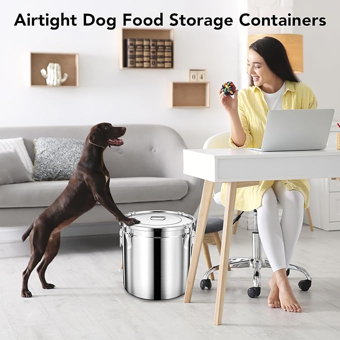 Dog Food Storage Containers, Large Stainless Steel Pet Food Storage Containers 38 lb / 17 kg to Keep Fresh, Metal Airtight Cat Food Containers With Scoop and 2 Small Containers