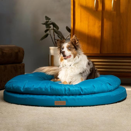 ClevaHome Orthopedic Dog Bed for Large Dogs, Dual Layer Water Repellent Round Pet Bed with Washable Cover Nonslip Bottom （Mosaic Blue）